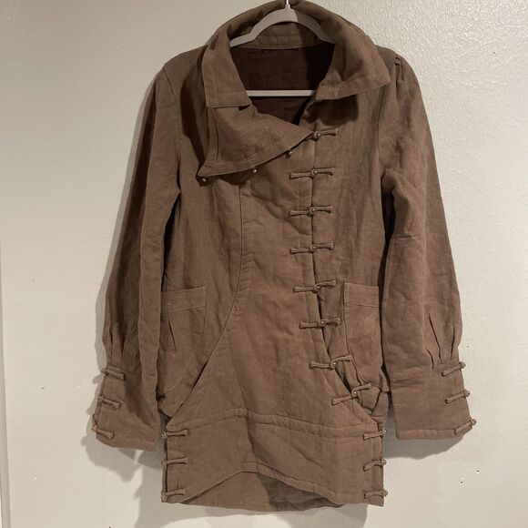 Unique Tan Linen Jacket Coat Asymetric Frog Closure Lagenlook Vintage M/L - Picture 8 of 12
